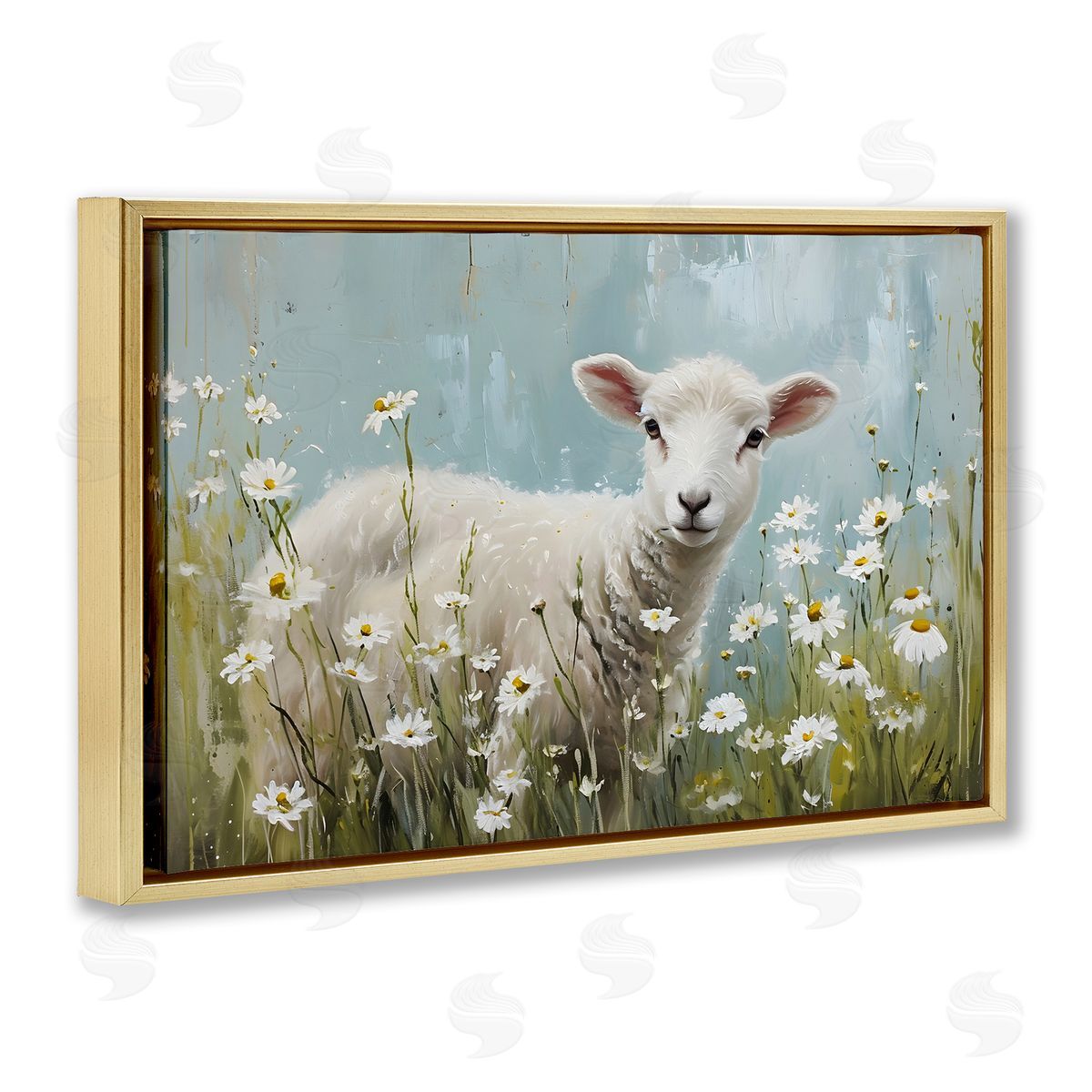 Lamb Among Daisies Gold Floating Frame Canvas Wall Art, Home Decor by Petal Prints Design