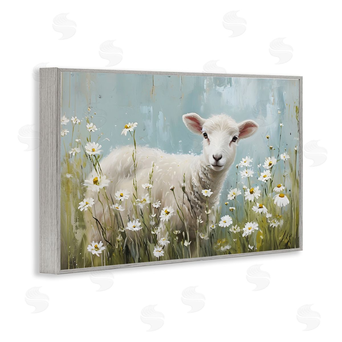Lamb Among Daisies Grey Frame Print Wall Art, Home Decor by Petal Prints Design