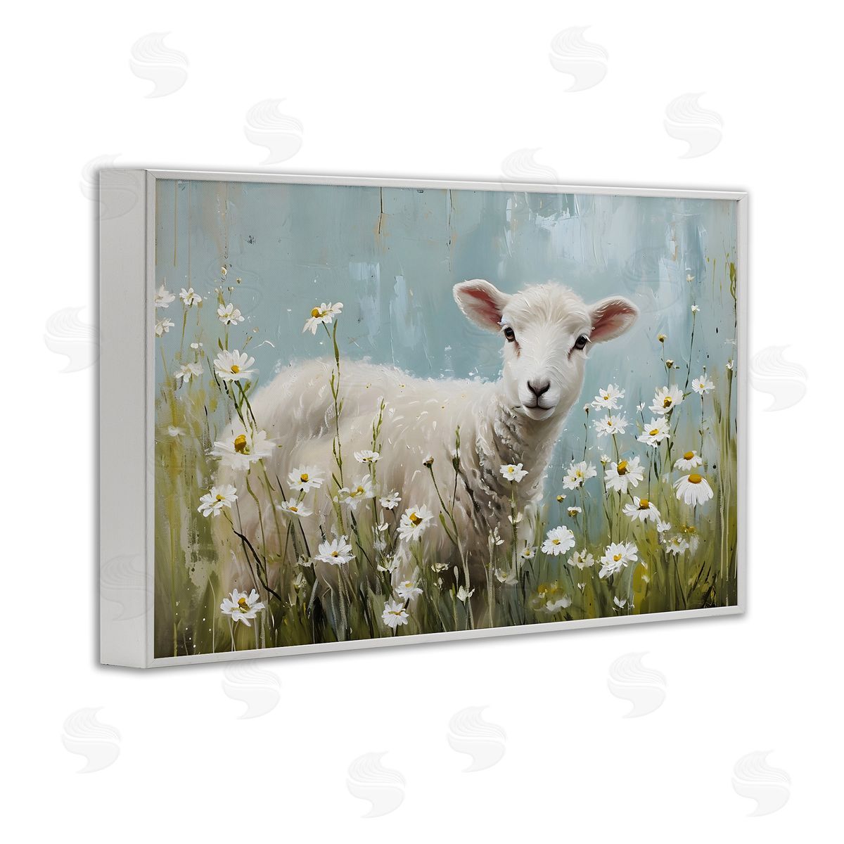Lamb Among Daisies White Frame Print Wall Art, Home Decor by Petal Prints Design