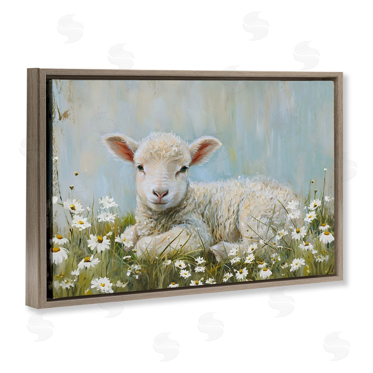 Lamb Resting in Meadow Brown Floating Frame Canvas Wall Art, Home Decor by Petal Prints Design