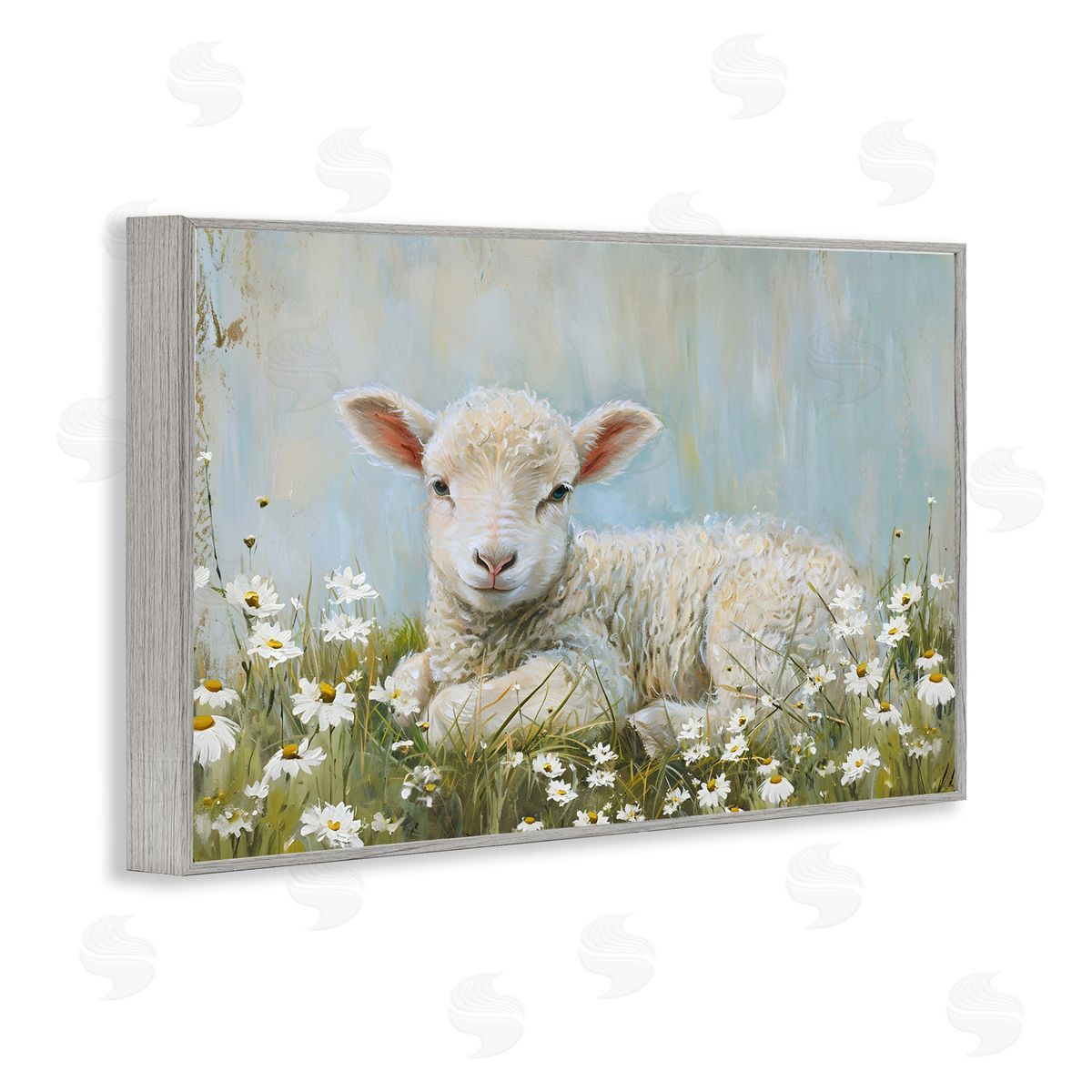 Lamb Resting in Meadow Grey Frame Print Wall Art, Home Decor by Petal Prints Design
