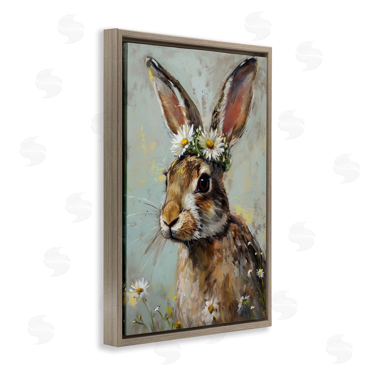 Bunny and Daisy Crown Brown Floating Frame Canvas Wall Art, Home Decor by Petal Prints Design