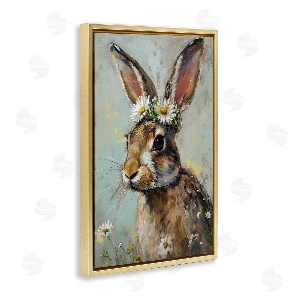 Bunny and Daisy Crown Gold Floating Frame Canvas Wall Art, Home Decor by Petal Prints Design