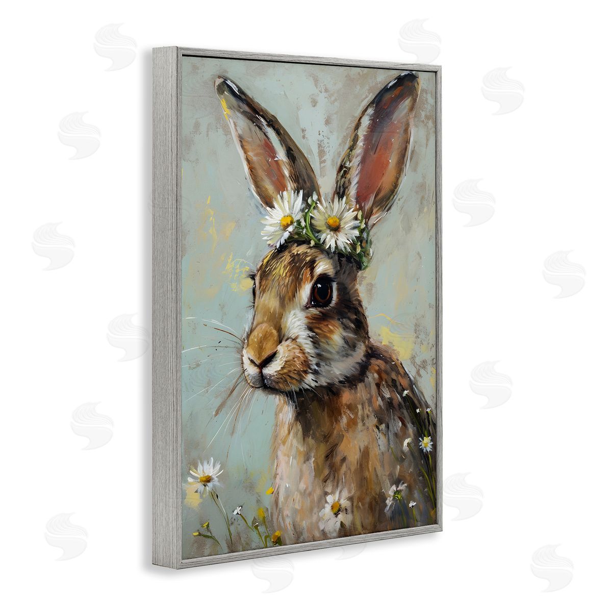 Bunny and Daisy Crown Grey Frame Print Wall Art, Home Decor by Petal Prints Design