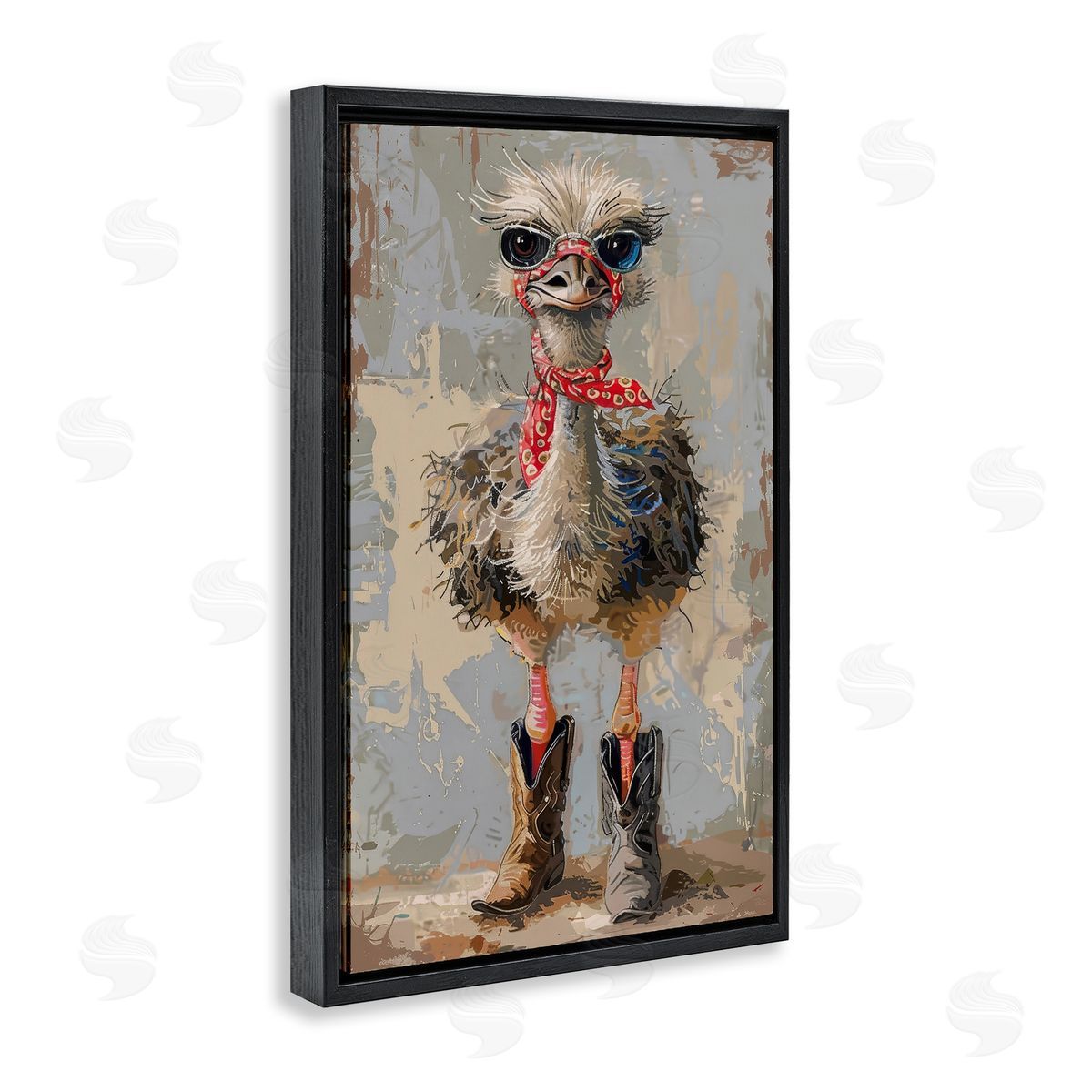 Ostrich and Cowboy Boots Black Floating Frame Canvas Wall Art, Home Decor by Petals Prints Design