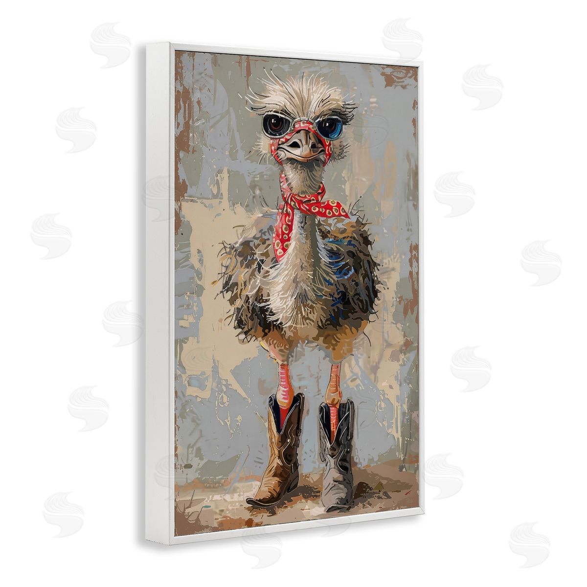 Ostrich and Cowboy Boots White Frame Print Wall Art, Home Decor by Petals Prints Design