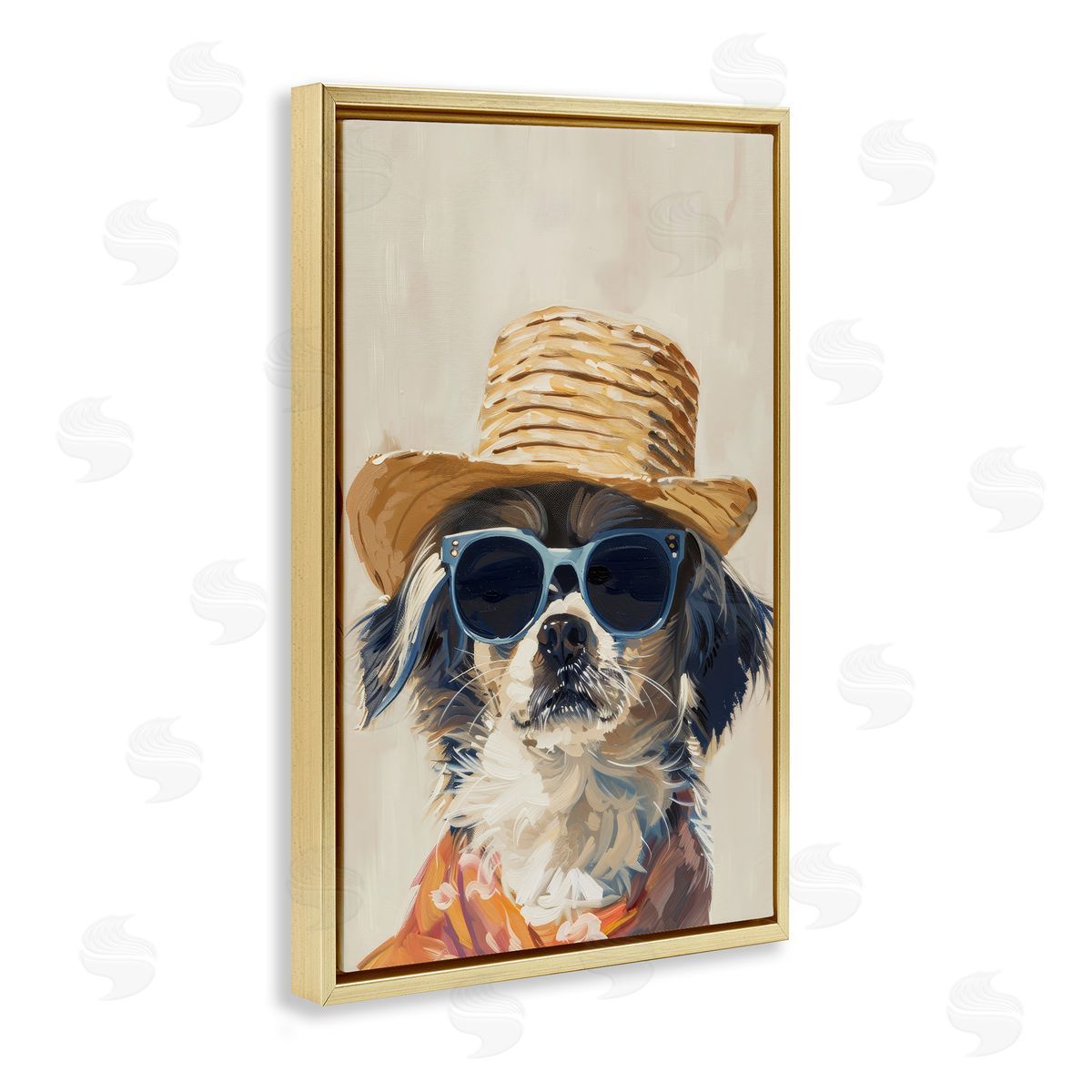 Beach Vacation Pup Gold Floating Frame Canvas Wall Art, Home Decor by Petals Prints Design