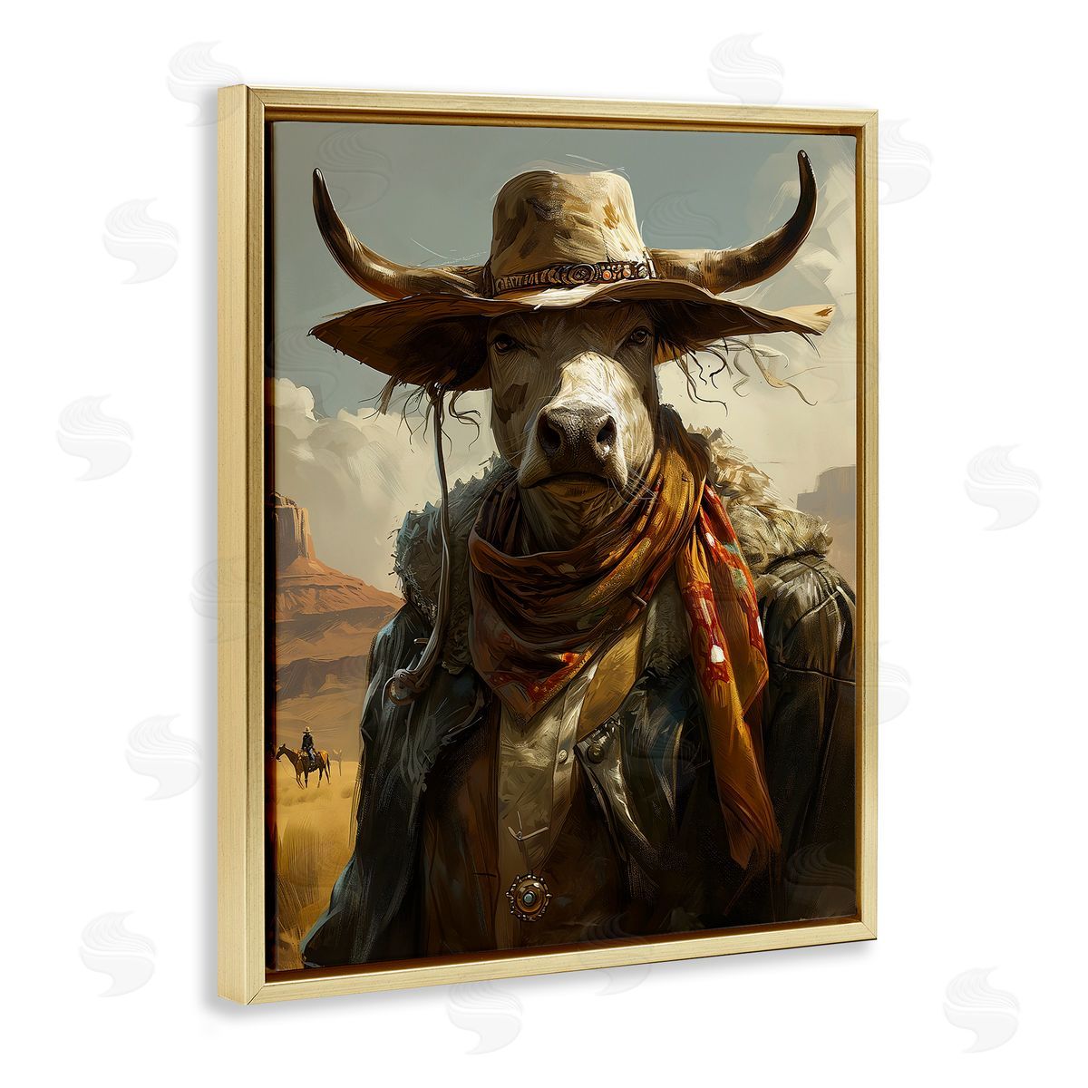 Rustic Cattle Cowboy Gold Floating Frame Canvas Wall Art, Home Decor by Ray Heere