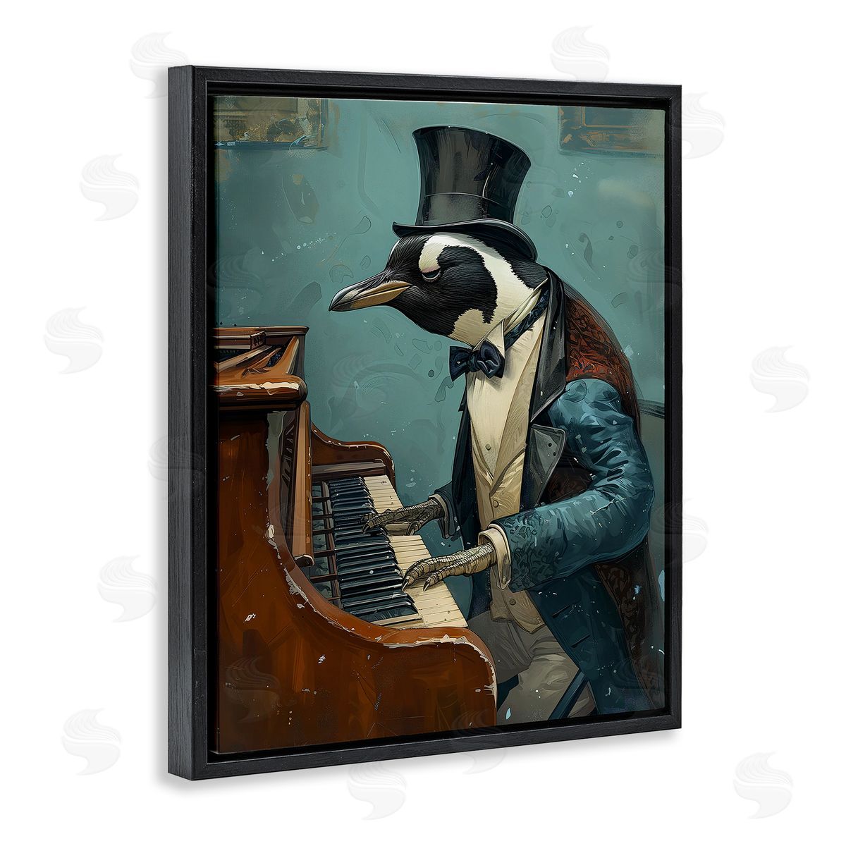 Piano Playing Penguin Black Floating Frame Canvas Wall Art, Home Decor by Ray Heere