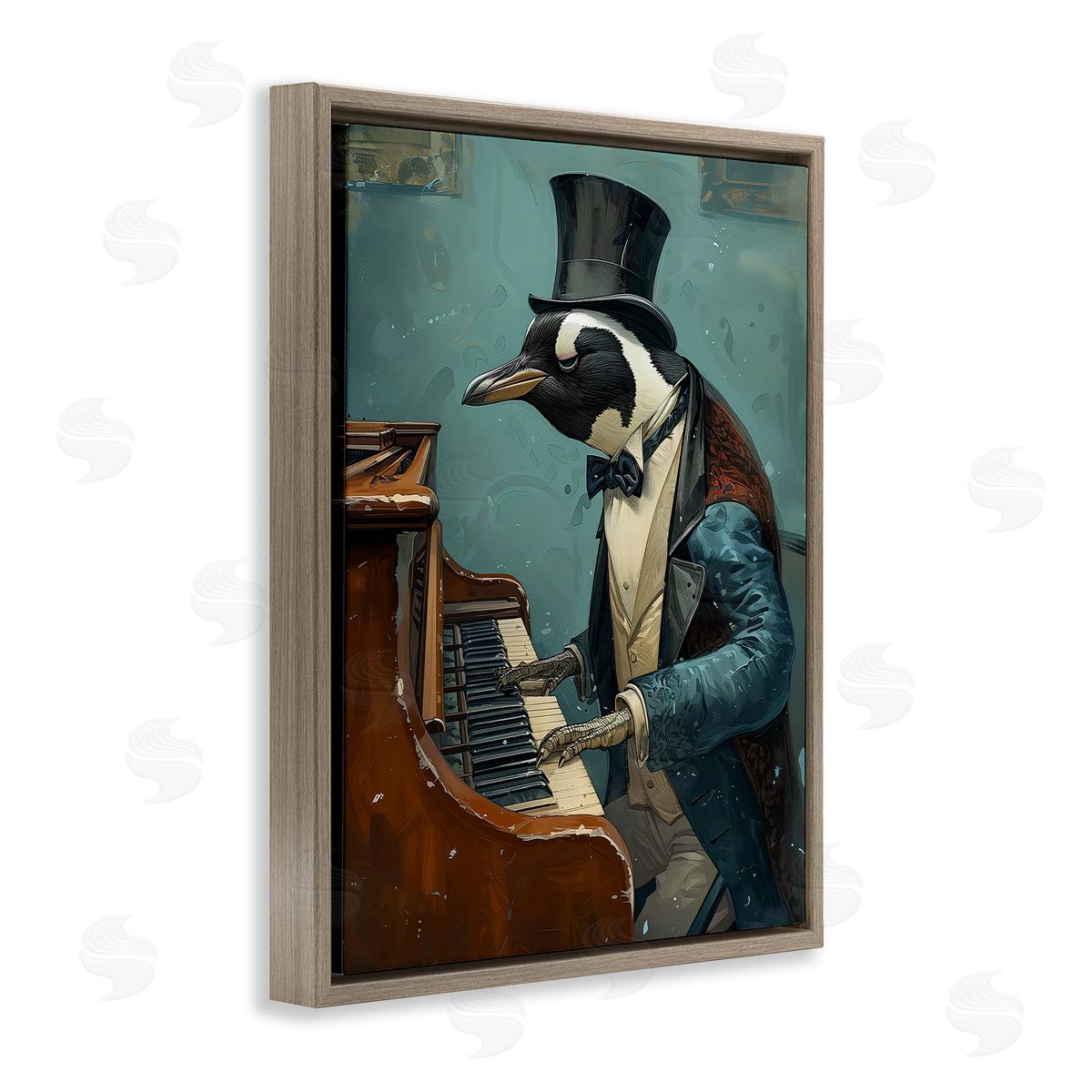 Piano Playing Penguin Brown Floating Frame Canvas Wall Art, Home Decor by Ray Heere