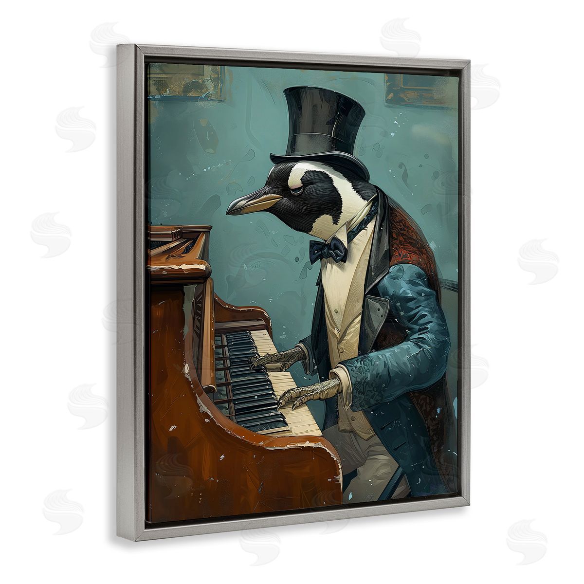 Piano Playing Penguin Grey Floating Frame Canvas Wall Art, Home Decor by Ray Heere