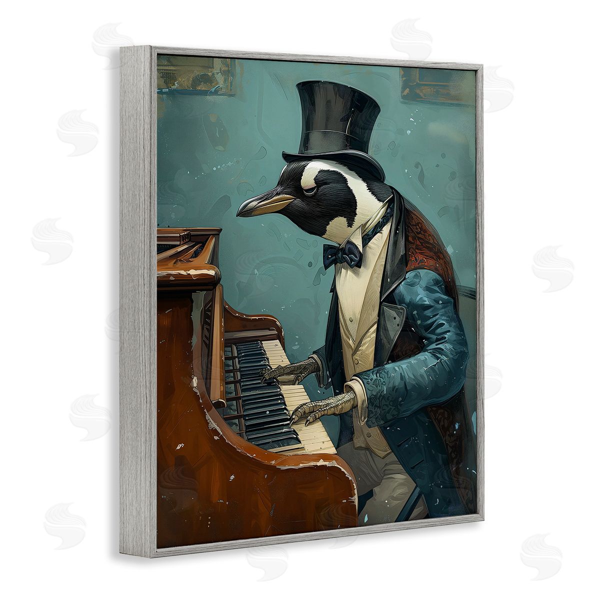 Piano Playing Penguin Grey Frame Print Wall Art, Home Decor by Ray Heere