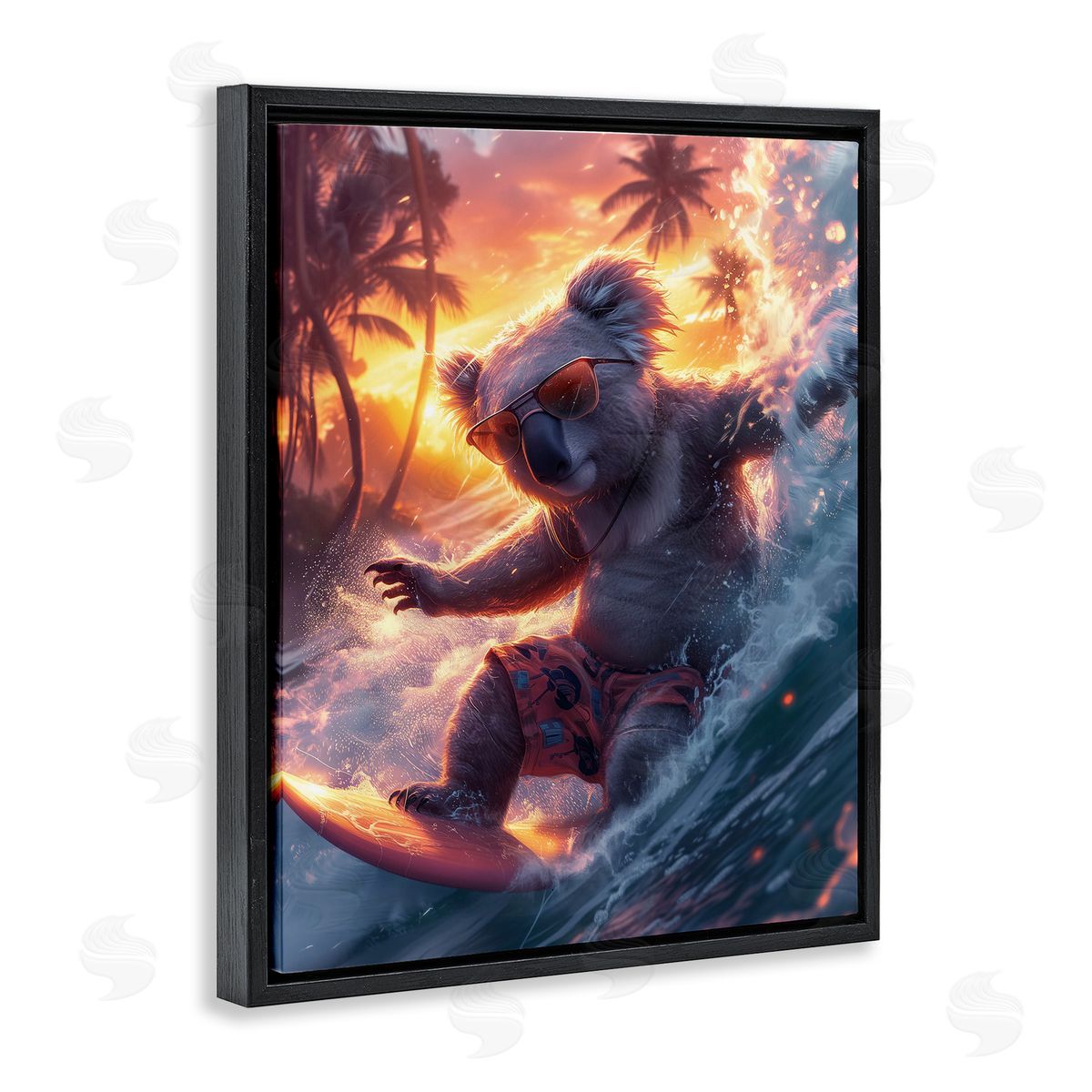 Surfing Tropical Koala Black Floating Frame Canvas Wall Art, Home Decor by Ray Heere