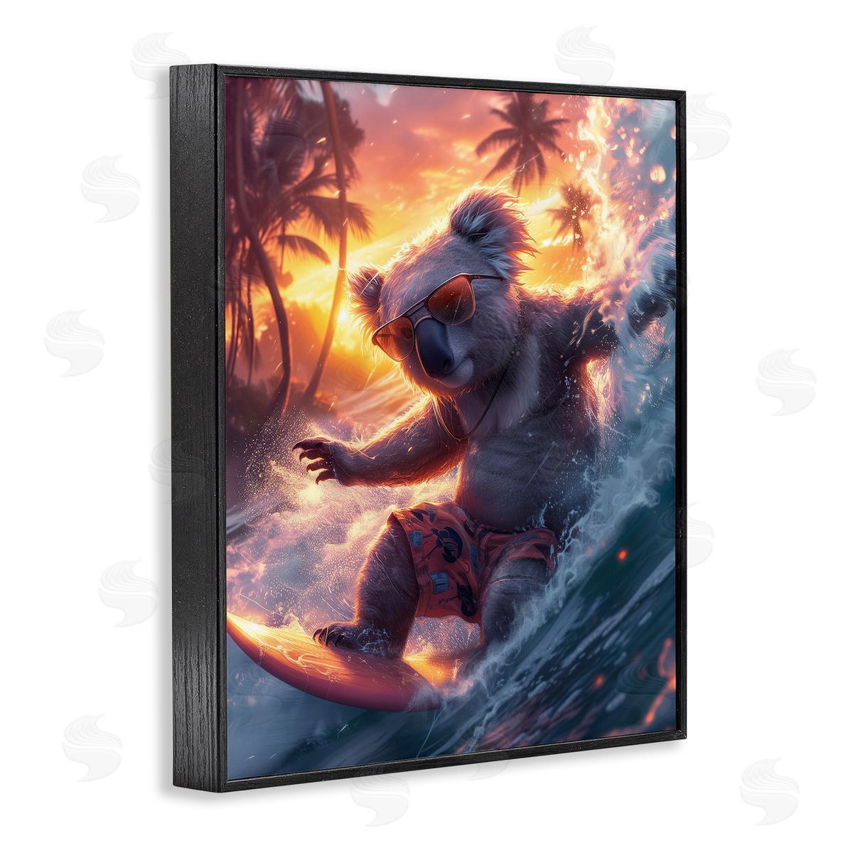 Surfing Tropical Koala Black Frame Print Wall Art, Home Decor by Ray Heere