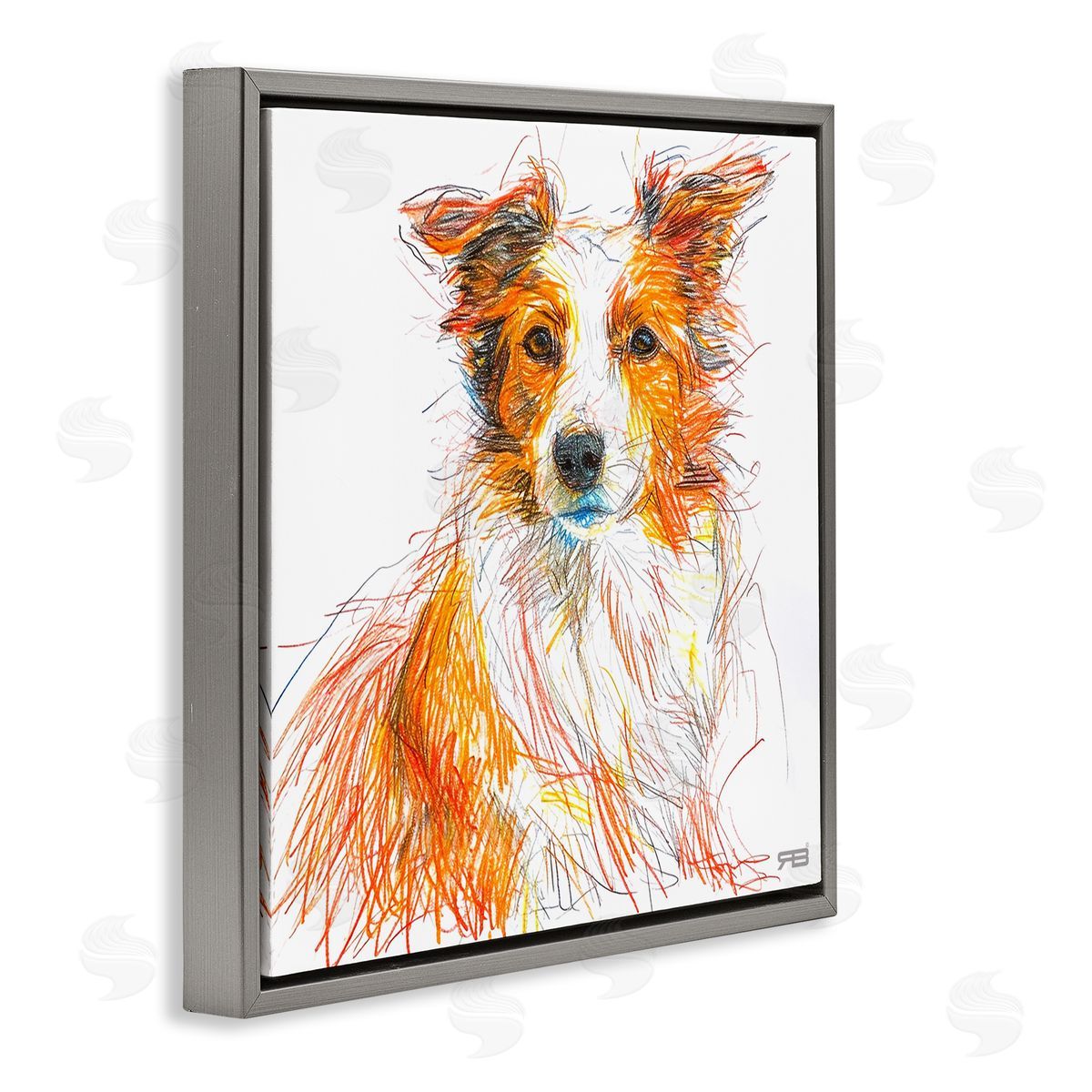 Collie Dog Sketch Style Grey Floating Frame Canvas Wall Art, Home Decor by Roozbeh Bahramali