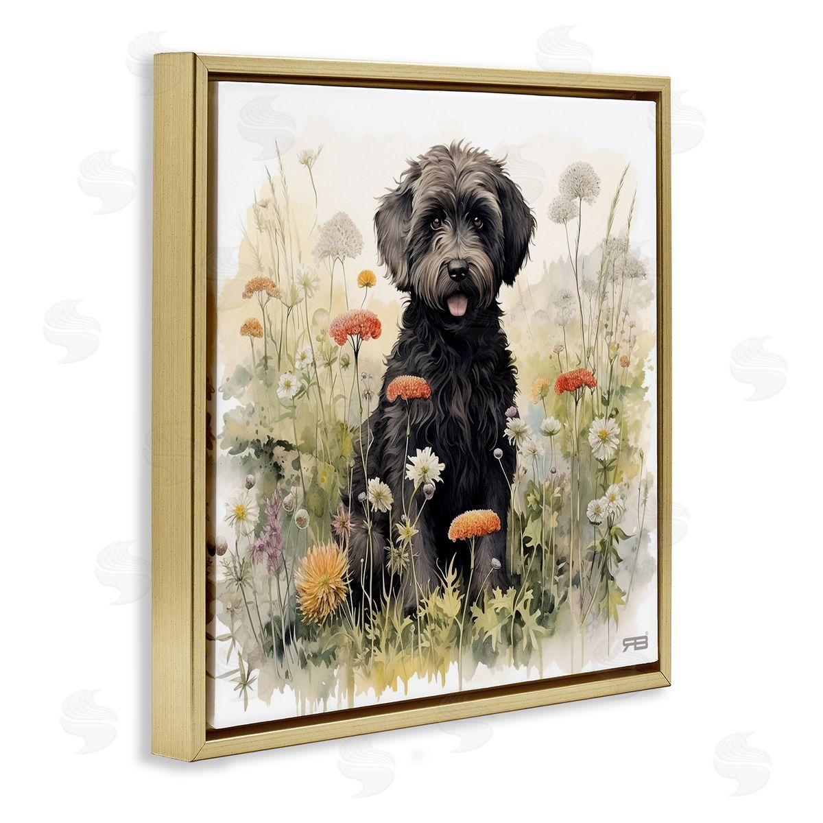 Black Terrier in Meadow Gold Floating Frame Canvas Wall Art, Home Decor by Roozbeh Bahramali