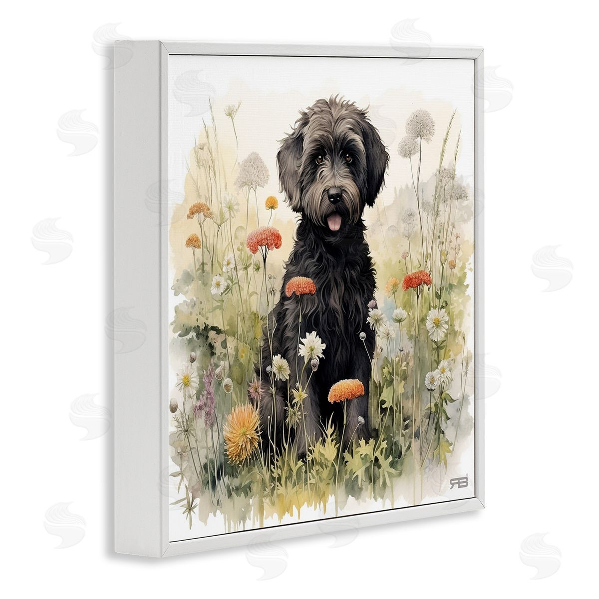 Black Terrier in Meadow White Frame Print Wall Art, Home Decor by Roozbeh Bahramali