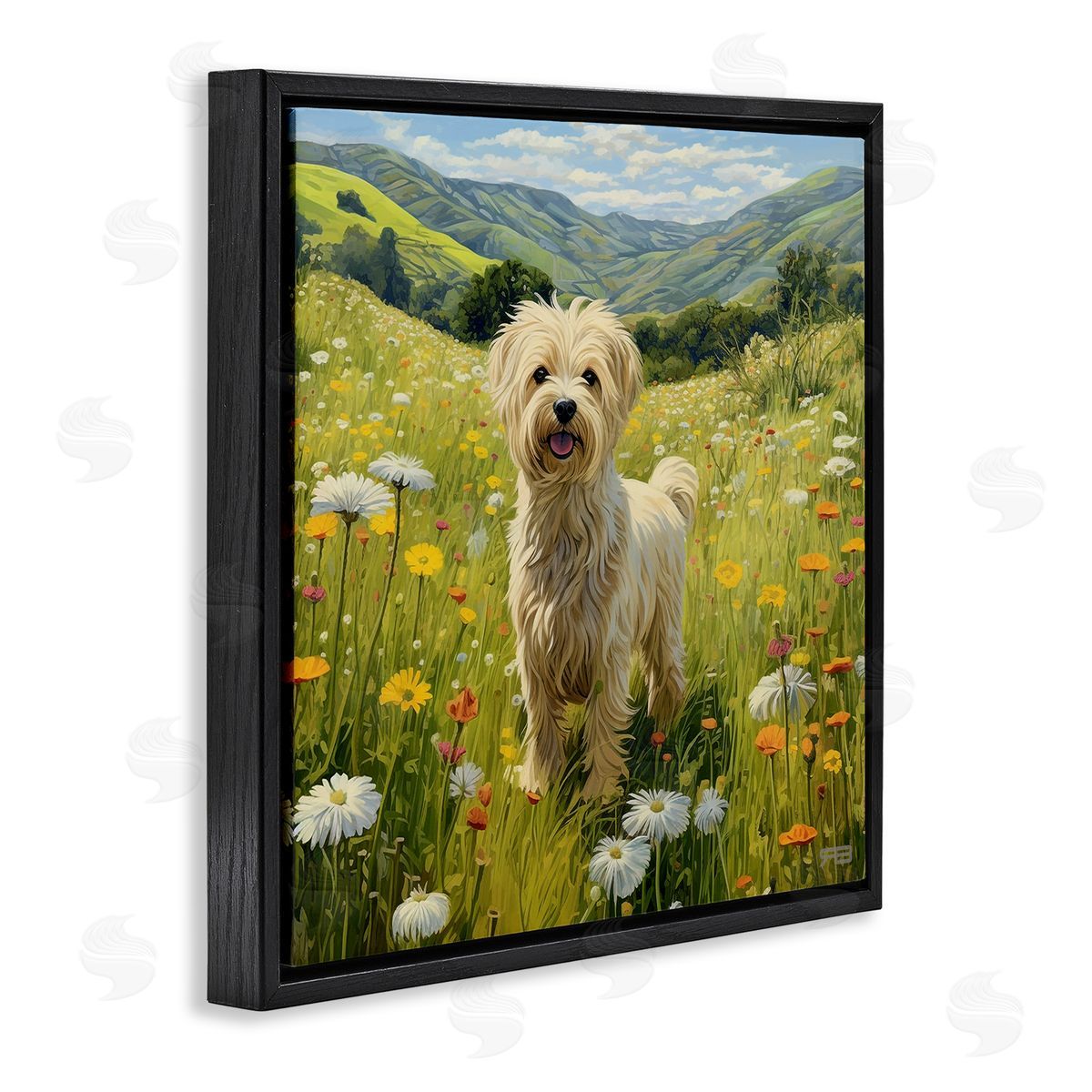 Terrier Dog Rural Meadow Black Floating Frame Canvas Wall Art, Home Decor by Roozbeh Bahramali
