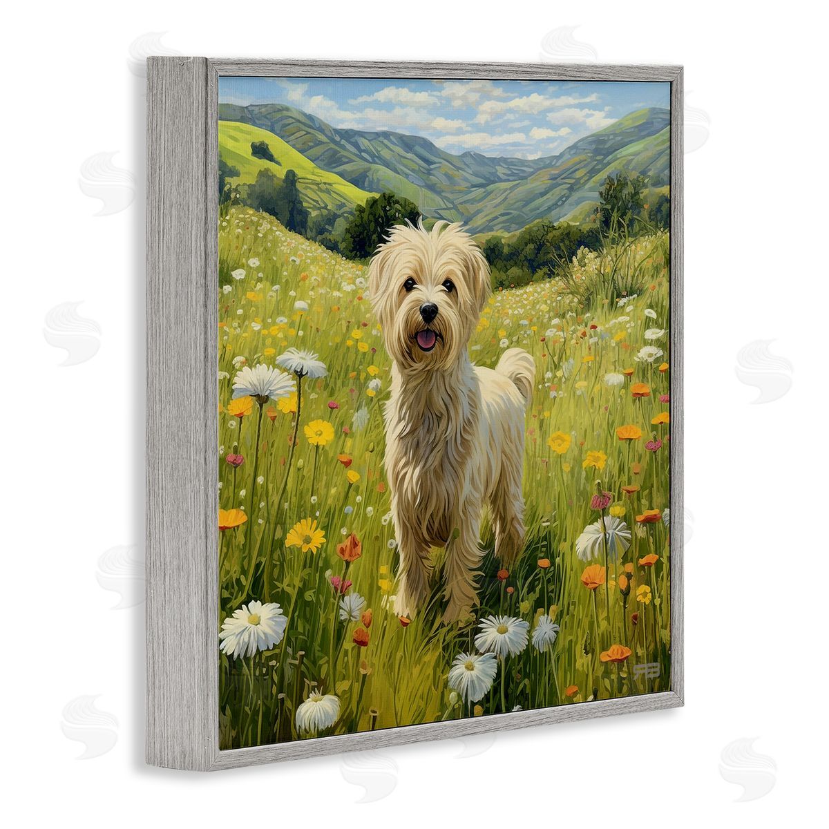 Terrier Dog Rural Meadow Grey Frame Print Wall Art, Home Decor by Roozbeh Bahramali
