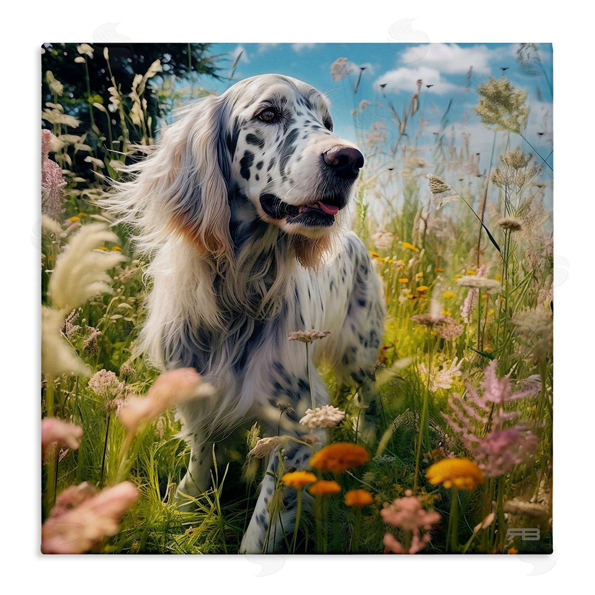 Happy Dog Among Flowers Canvas Wall Art, Home Decor by Roozbeh Bahramali