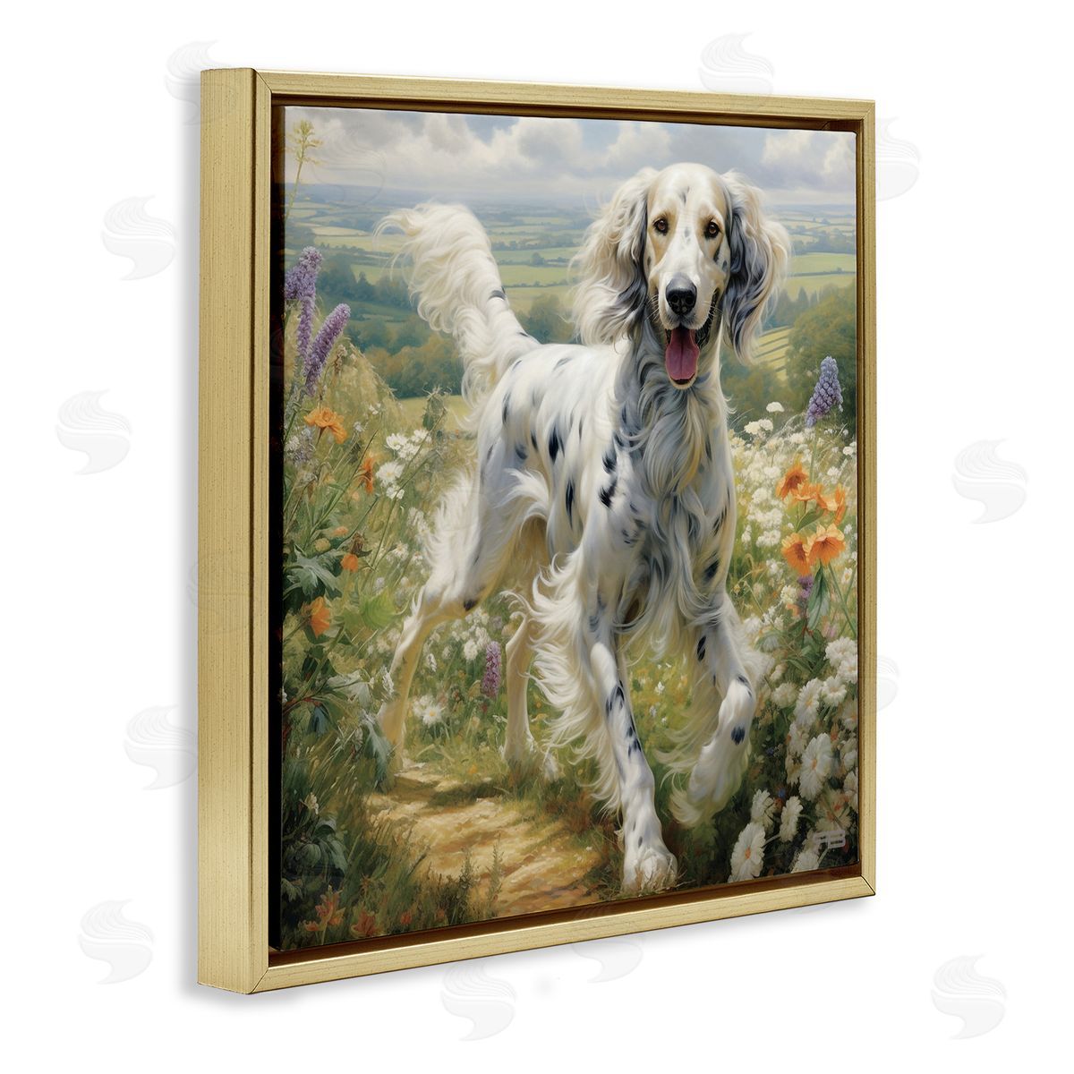 Trotting Dog Landscape Gold Floating Frame Canvas Wall Art, Home Decor by Roozbeh Bahramali