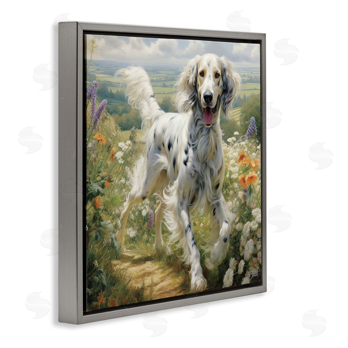 Trotting Dog Landscape Grey Floating Frame Canvas Wall Art, Home Decor by Roozbeh Bahramali