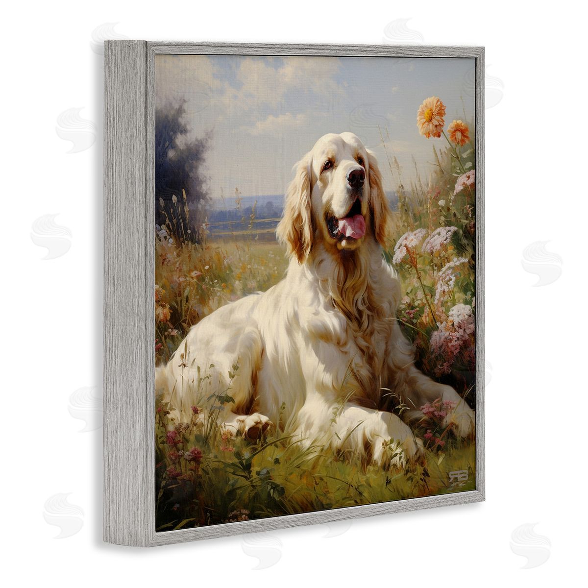 Calm Golden Retriever Landscape Grey Frame Print Wall Art, Home Decor by Roozbeh Bahramali