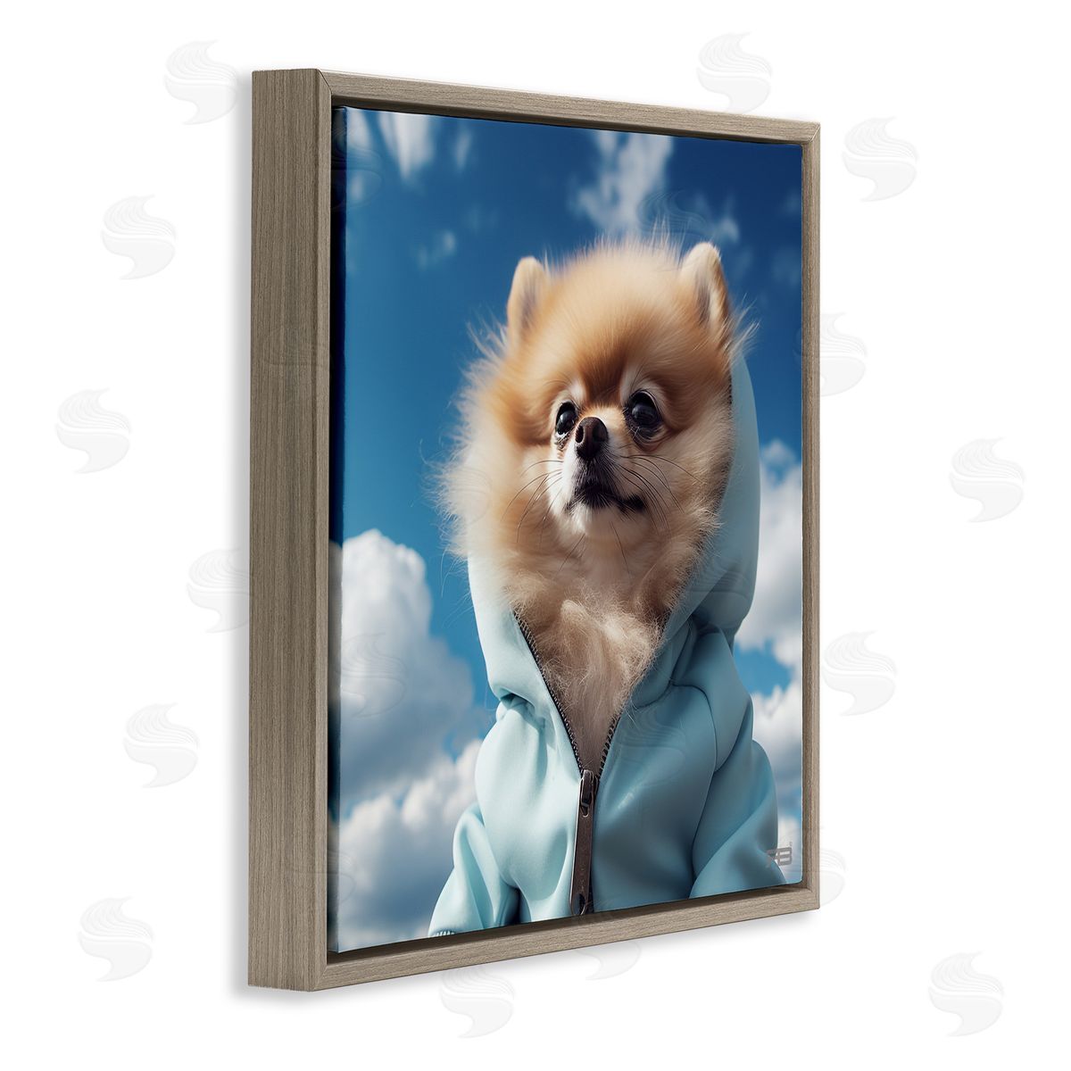 Pomeranian Dog and Clouds Brown Floating Frame Canvas Wall Art, Home Decor by Roozbeh Bahramali