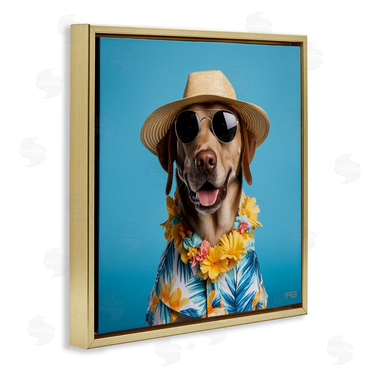 Dog with Aloha Shirt Gold Floating Frame Canvas Wall Art, Home Decor by Roozbeh Bahramali