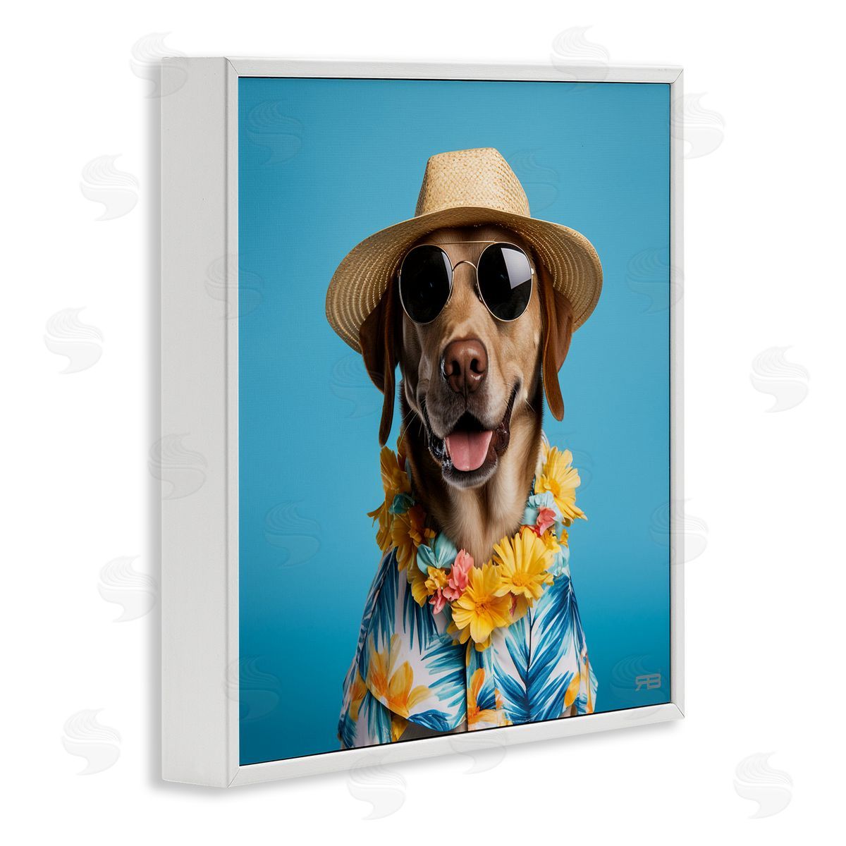 Dog with Aloha Shirt White Frame Print Wall Art, Home Decor by Roozbeh Bahramali
