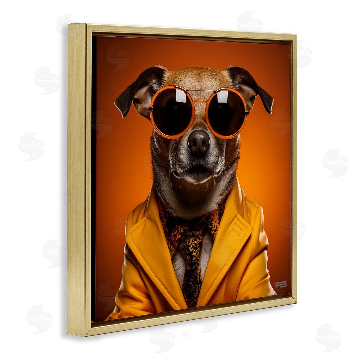 Trendy Dog Yellow Suit Gold Floating Frame Canvas Wall Art, Home Decor by Roozbeh Bahramali