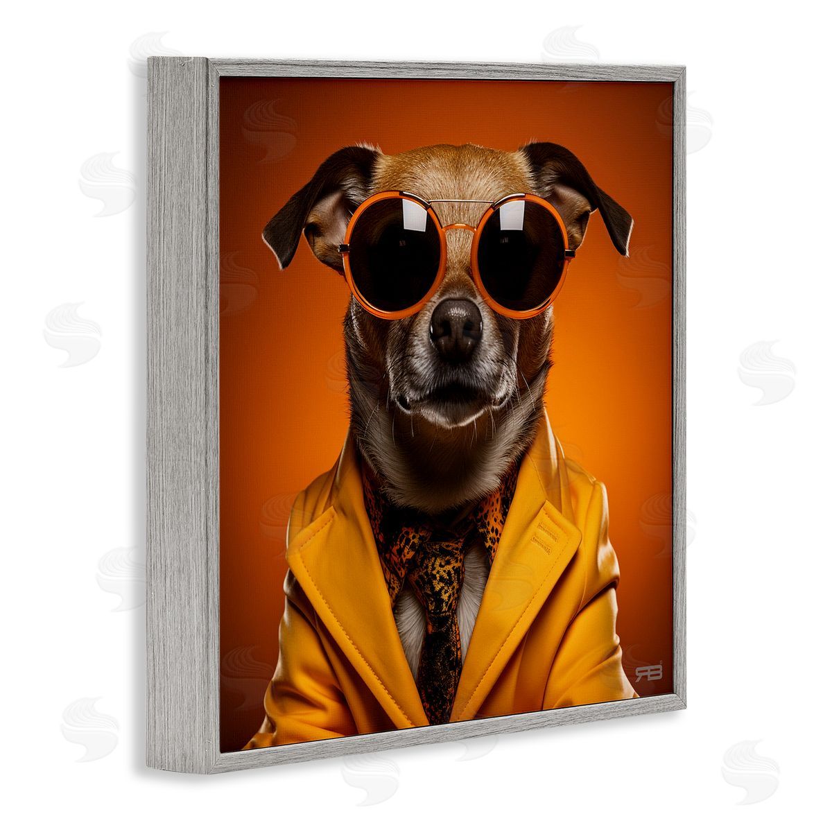 Trendy Dog Yellow Suit Grey Frame Print Wall Art, Home Decor by Roozbeh Bahramali