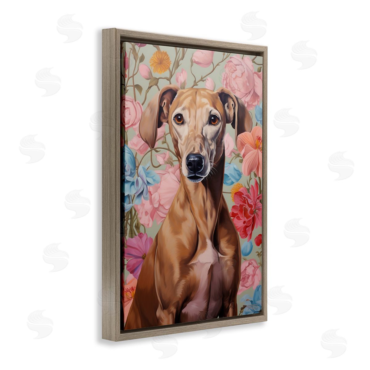 Greyhound on Florals Brown Floating Frame Canvas Wall Art, Home Decor by Roozbeh Bahramali