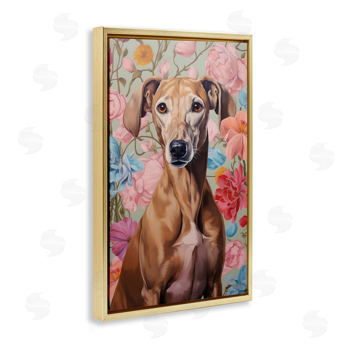 Greyhound on Florals Gold Floating Frame Canvas Wall Art, Home Decor by Roozbeh Bahramali