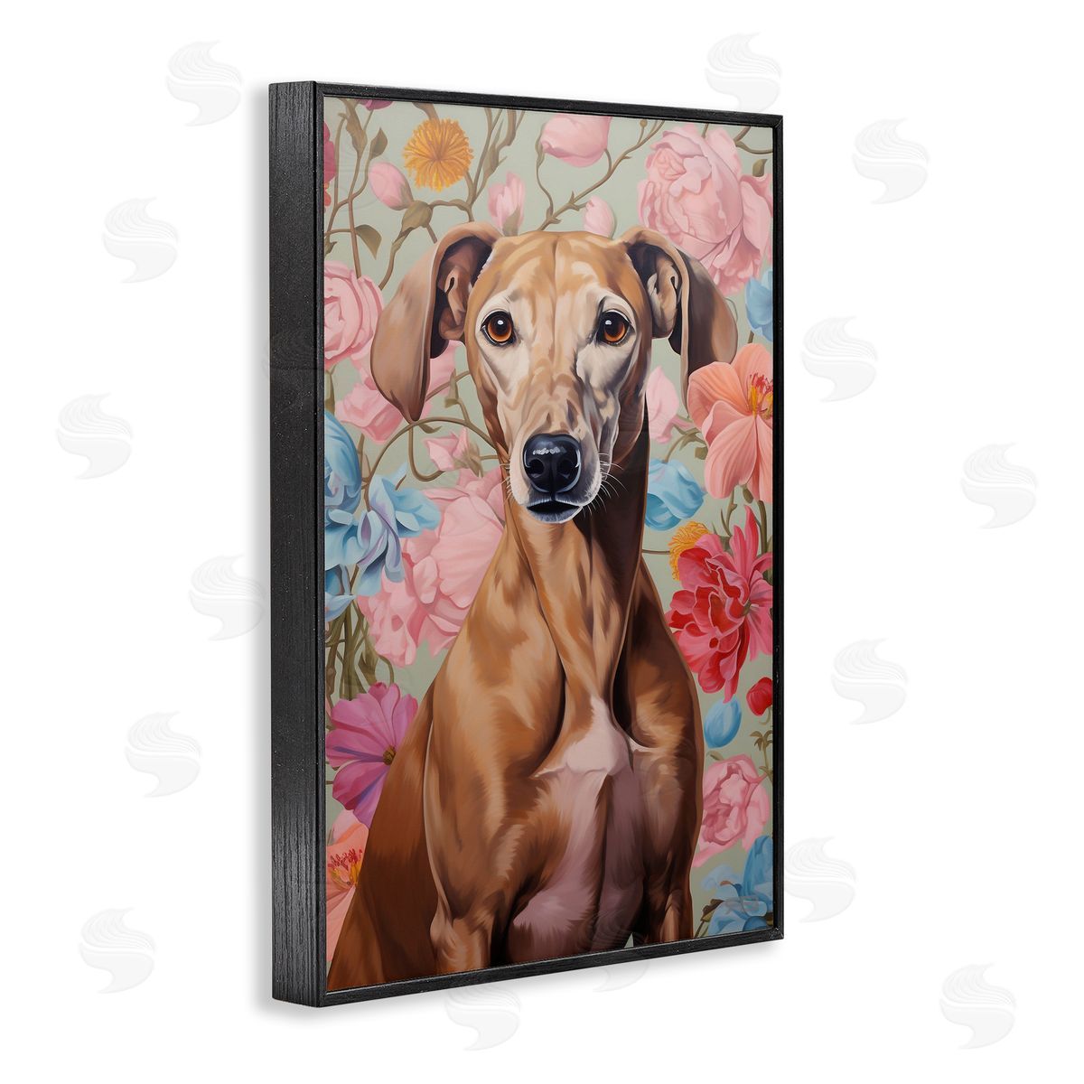 Greyhound on Florals Black Frame Print Wall Art, Home Decor by Roozbeh Bahramali