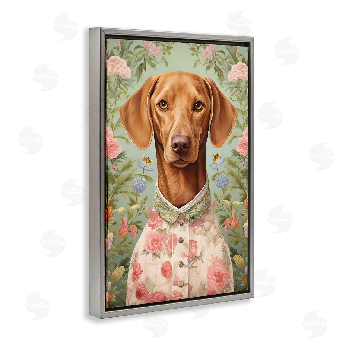 Tropical Florals Dog Grey Floating Frame Canvas Wall Art, Home Decor by Roozbeh Bahramali