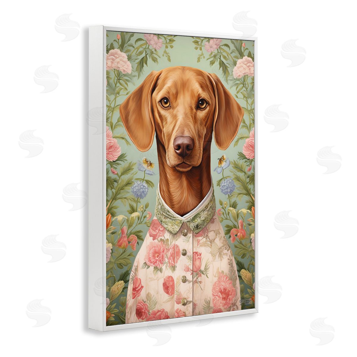 Tropical Florals Dog White Frame Print Wall Art, Home Decor by Roozbeh Bahramali