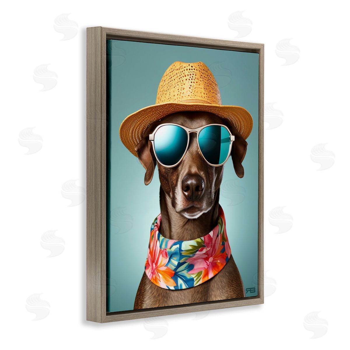 Beach Ready Pup Brown Floating Frame Canvas Wall Art, Home Decor by Roozbeh Bahramali