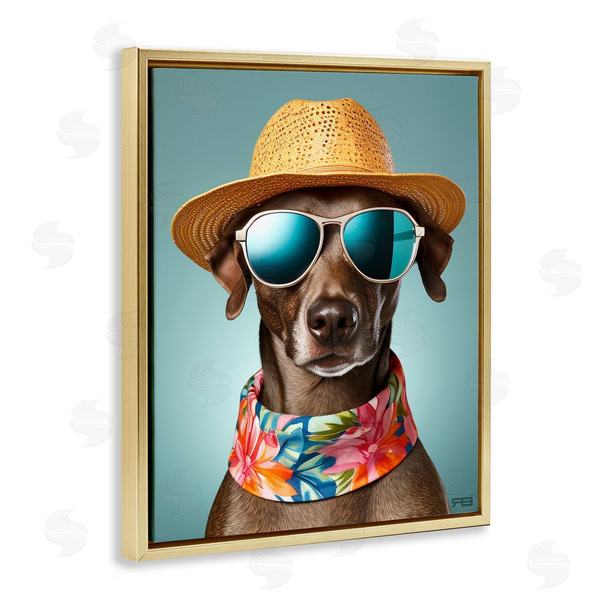 Beach Ready Pup Gold Floating Frame Canvas Wall Art, Home Decor by Roozbeh Bahramali