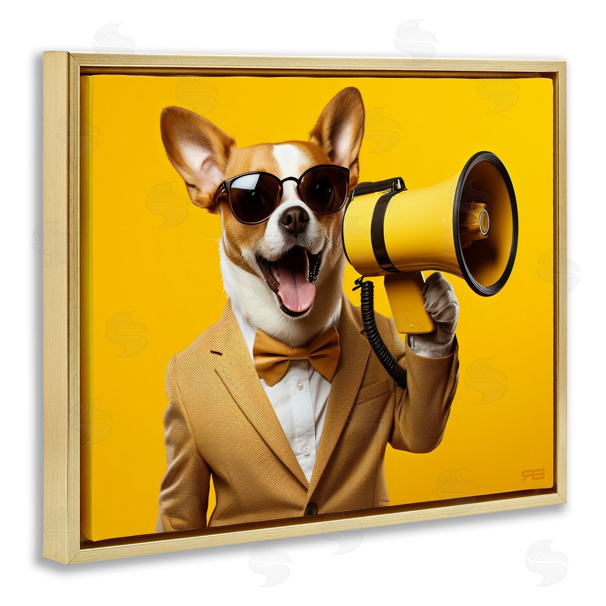 Dog with Yellow Megaphone Gold Floating Frame Canvas Wall Art, Home Decor by Roozbeh Bahramali