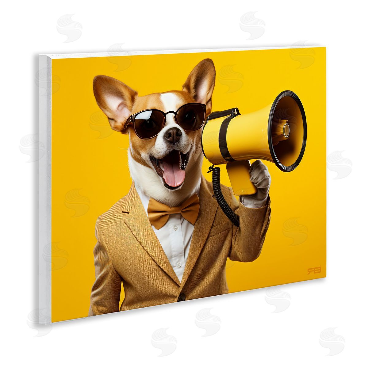 Dog with Yellow Megaphone Wood Plaque Wall Art, Home Decor by Roozbeh Bahramali