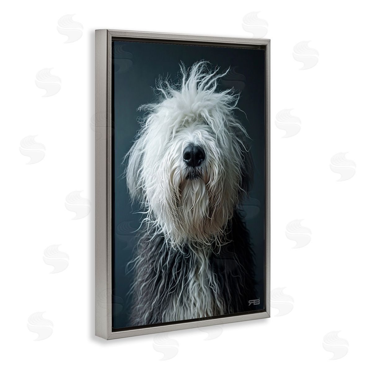 Shaggy Pup Portrait Grey Floating Frame Canvas Wall Art, Home Decor by Roozbeh Bahramali