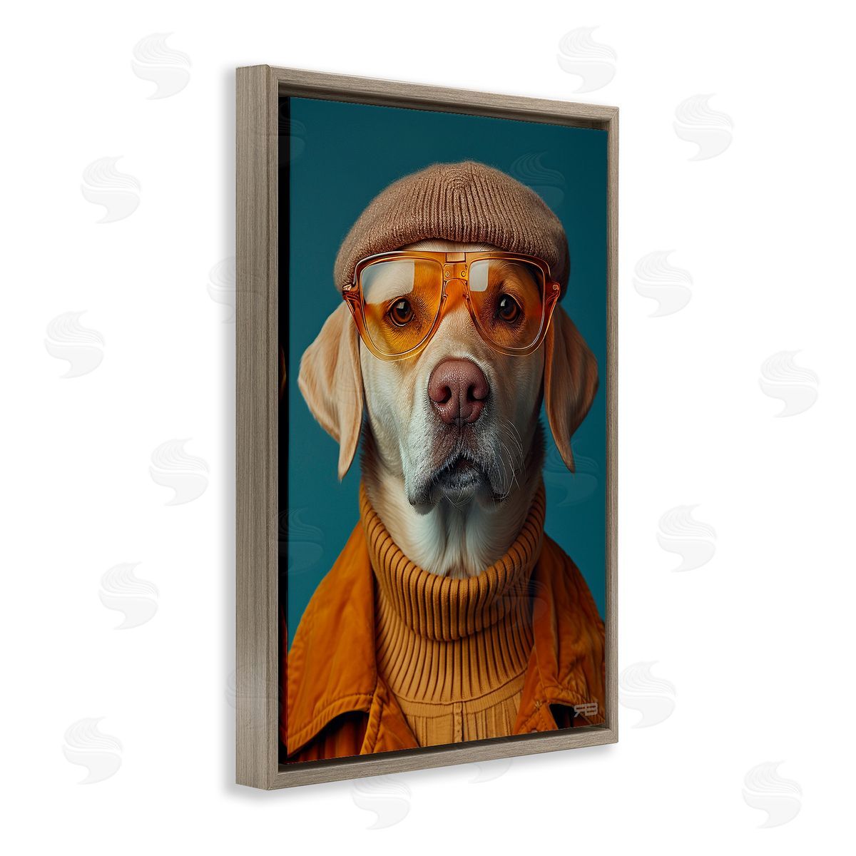 Dog in Knit Fashion Brown Floating Frame Canvas Wall Art, Home Decor by Roozbeh Bahramali