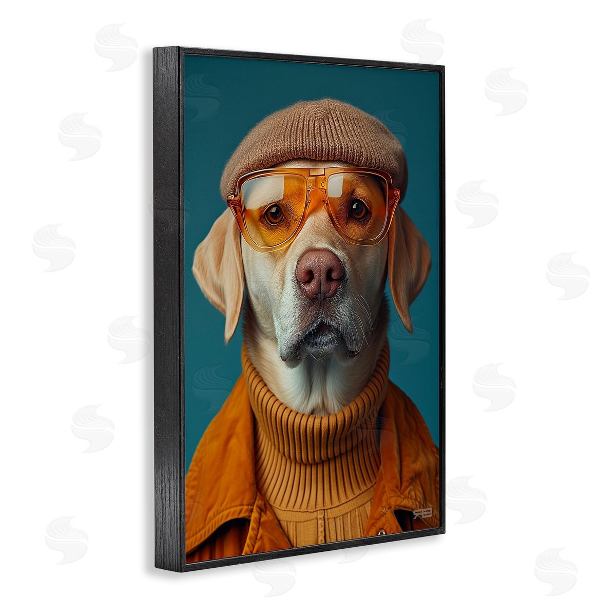 Dog in Knit Fashion Black Frame Print Wall Art, Home Decor by Roozbeh Bahramali