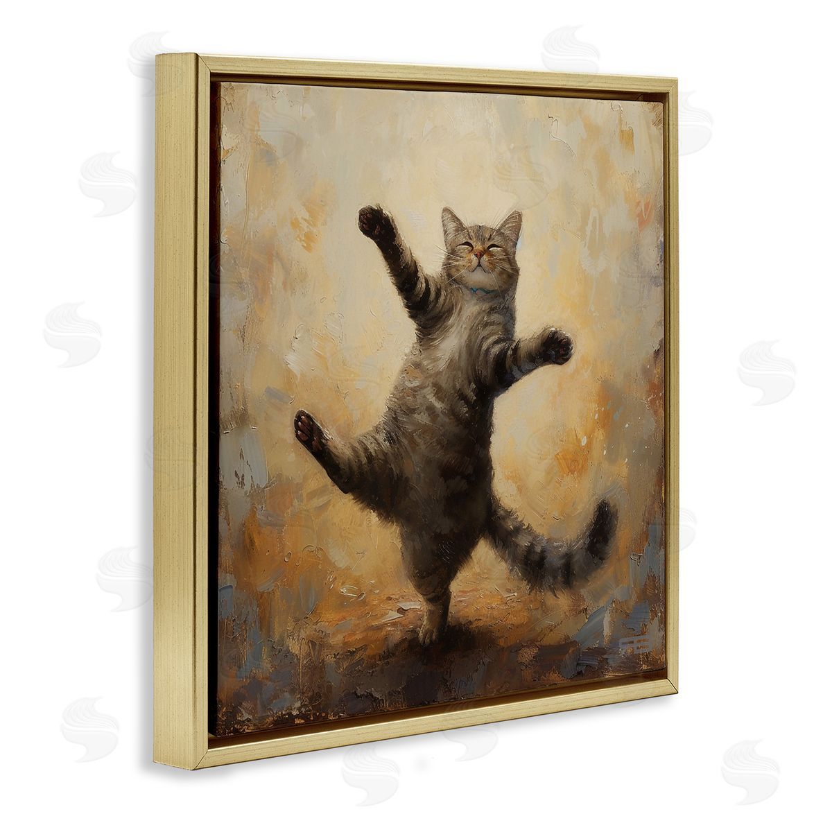Dancing Tabby Cat Gold Floating Frame Canvas Wall Art, Home Decor by Roozbeh Bahramali