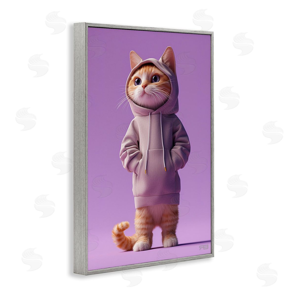 Trendy Cat in Purple Grey Frame Print Wall Art, Home Decor by Roozbeh Bahramali