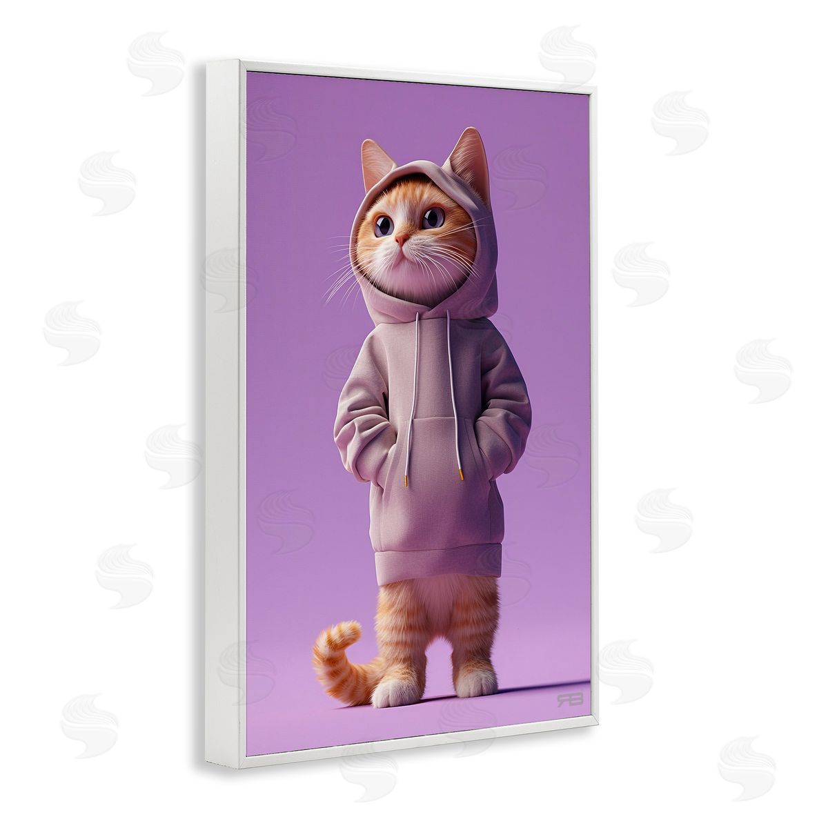 Trendy Cat in Purple White Frame Print Wall Art, Home Decor by Roozbeh Bahramali