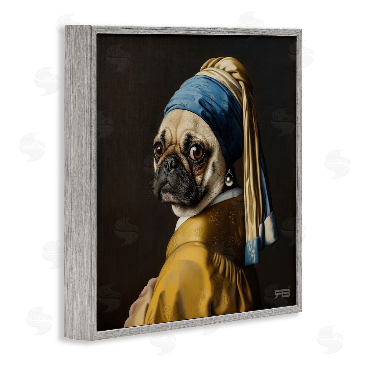 Pearl Earring Classic Dog Grey Frame Print Wall Art, Home Decor by Roozbeh Bahramali