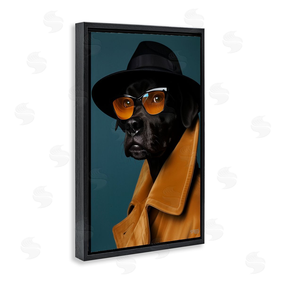 Black Dog in Suit Black Floating Frame Canvas Wall Art, Home Decor by Roozbeh Bahramali