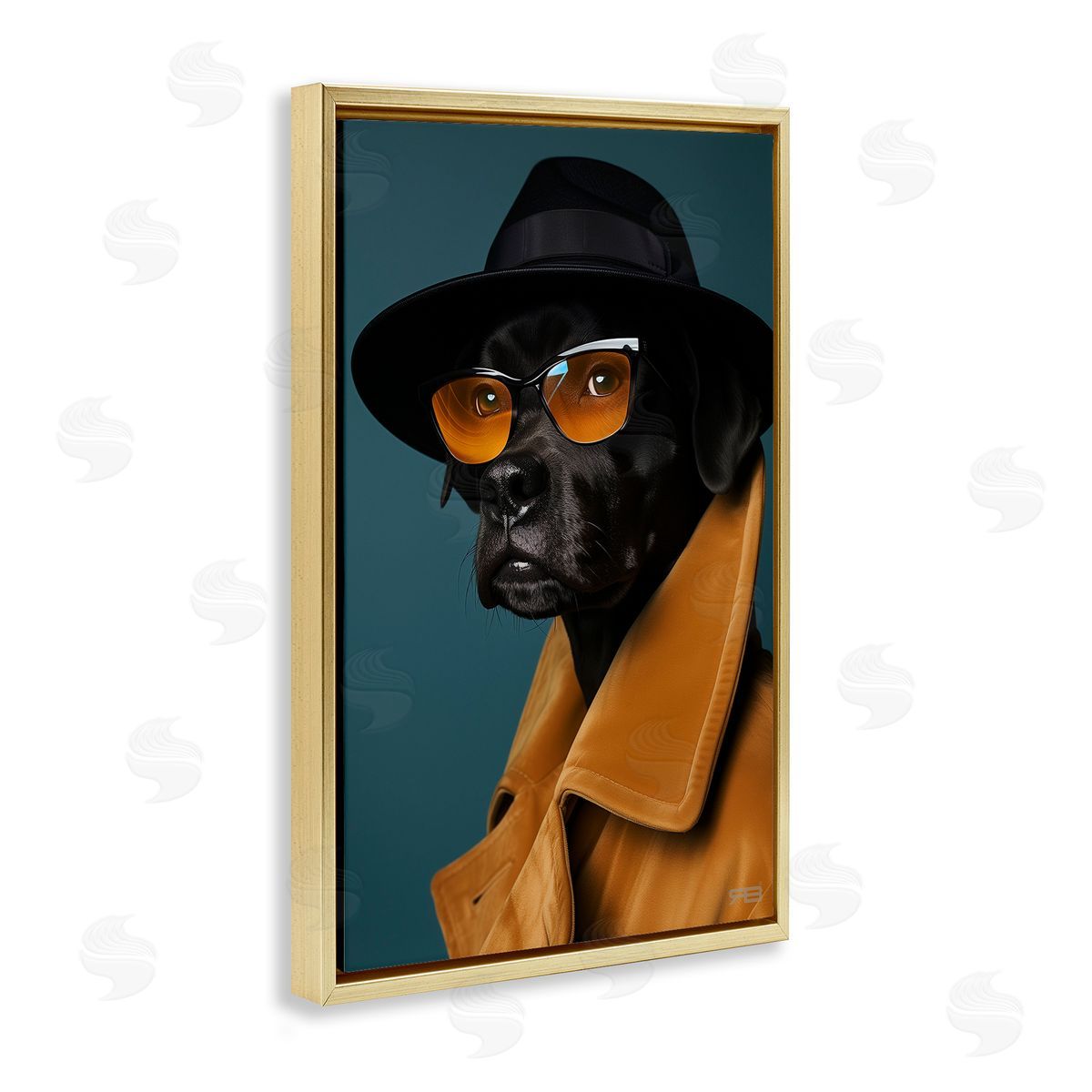 Black Dog in Suit Gold Floating Frame Canvas Wall Art, Home Decor by Roozbeh Bahramali